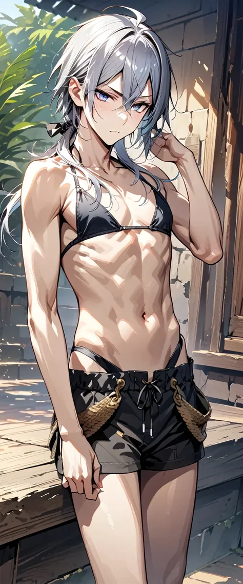 absurdres, highres, ultra detailed, super fine illustration, best quality, 1boy, perfect anatomy, male focus, solo, (dark-skinned:0.8) male, silver hair, long hair, black bikini, bare shoulders, bare arms, bare legs, &lt;lora:_L2090:-0.6&gt; &lt;lora:flat:...