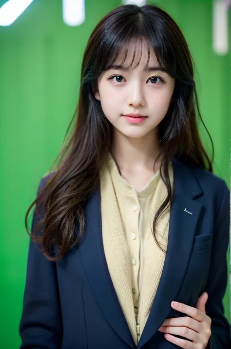 Highest quality、Japan、high school girl、cute、Long Hair、Navy Blue Blazer、Green Screen、