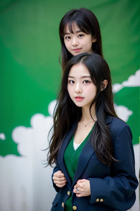 Highest quality、Japan、high school girl、cute、Long Hair、Navy Blue Blazer、Green Screen、