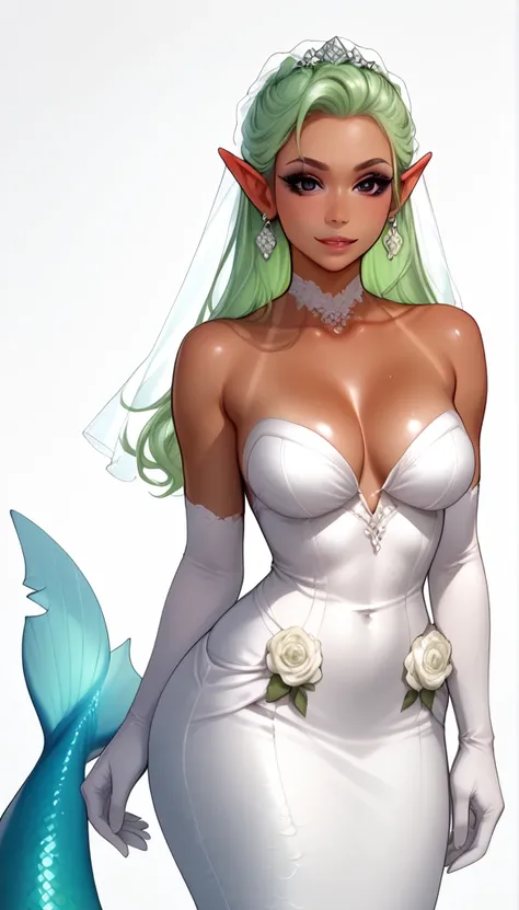 score_9, score_8_up, score_7_up, 1girl, solo, 
flowing green hair, black eyes, mermaid ears, tail, tanned skin, (sharkgirl:1.2),
monochromatic, eerie atmosphere, 
(wedding dress), seductive, stark white background