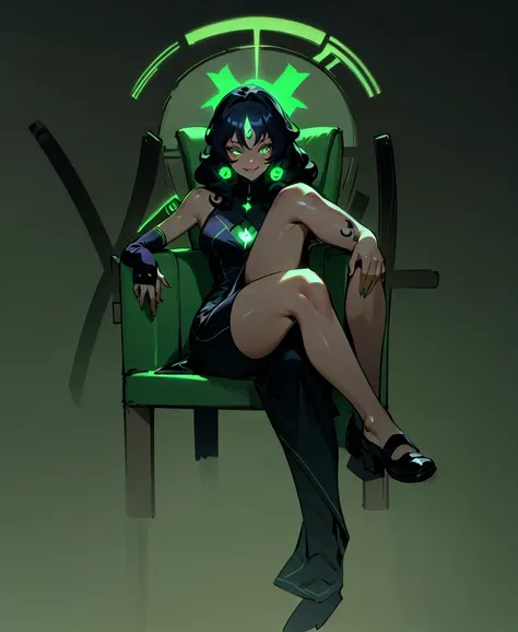 Sitting, cross-legged, sofa,black skin, anime woman, happy, glowing dark green eyes, glowing dark green tattoos, glowing dark green messy curly hair, wearing a black dress, black roses in hair, full body, ((Leg Crossing ))