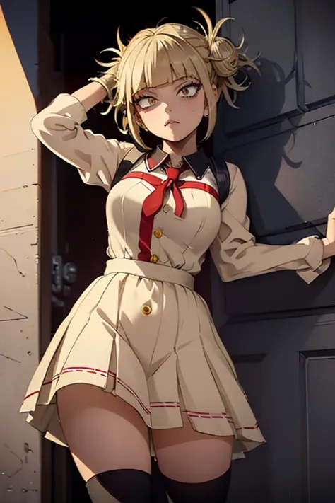 himiko toga, ,,(alone),himiko toga,(boku no hero academia),(short blonde hair with two messy pulps in her hair and yellow eyes w...