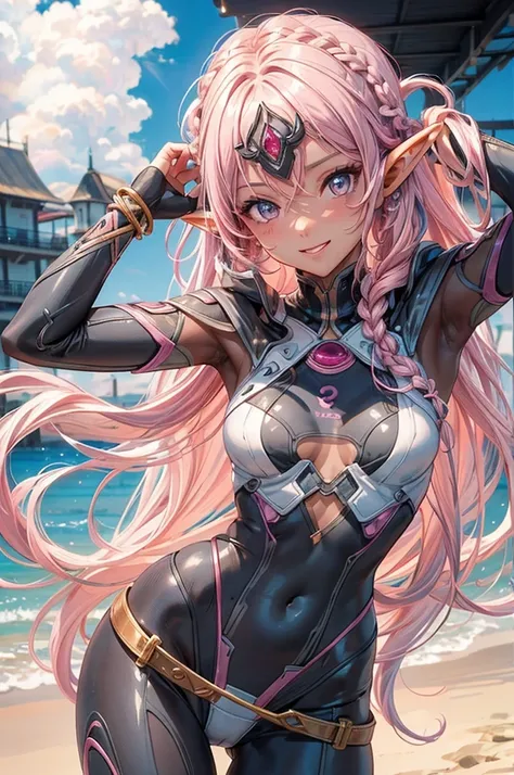 (pov Swimwear style) (beautiful body), (brown skin, solo:2, 1000 yo, Braid pink hair long hair cool elf woman, cool gray eyes, ecstasy smile, love mode, small tits), (in a sexy:1.5 detailed bandeau swimsuit, Ruby double exposure:1.1), break, in the Swimsui...