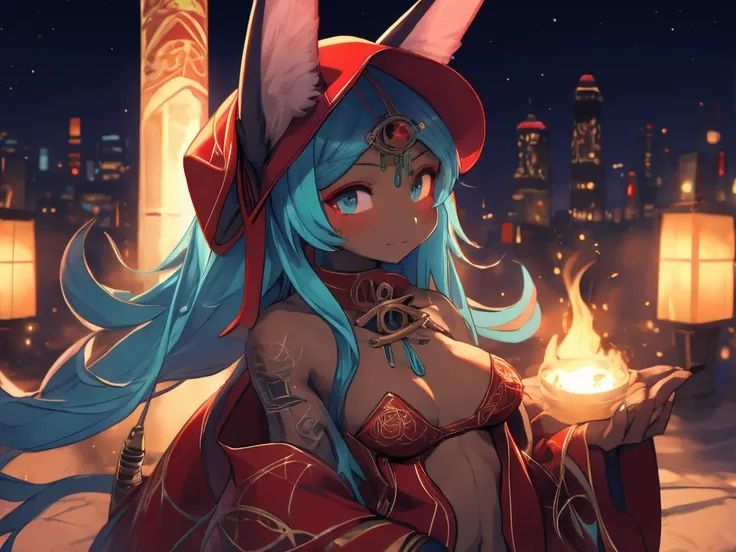 Miku Hatsune,Arabic, tanned skin, High Definition, kitsune ears, tribal tattoo, shy girl, Small breasts add_detail, magician girl add_detail 