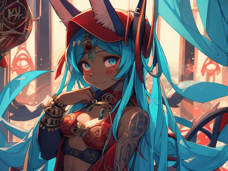 Miku Hatsune,Arabic, tanned skin, High Definition, kitsune ears, tribal tattoo, shy girl, Small breasts add_detail, magician girl add_detail 