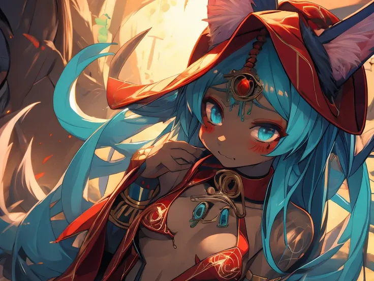 Miku Hatsune,Arabic, tanned skin, High Definition, kitsune ears, tribal tattoo, shy girl, Small breasts add_detail, magician girl add_detail 