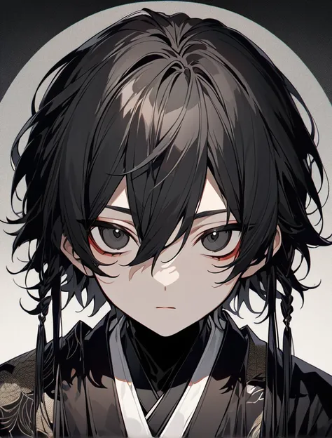 (black_hair), (long_male_hair), (deep_black_eyes), (high_detailed_eyes), (attractive), (emotionless), (male), (wearing _a_Unique_kimono), (detailed_Hair), (detailed), (detailed_mouth), (young_appearance)