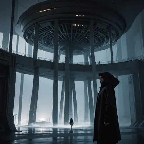 (The best quality)Hooded person looking at the futuristic architecture of an advanced civilization on another planet with dark color palette