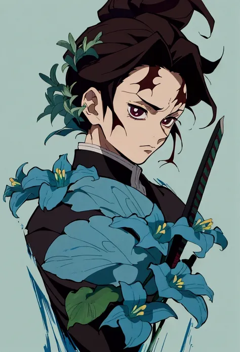 Kimetsu no yaiba style, simple background, masterpiece, solo, full-length, best quality, 0.8, guy, brown hair, haori with blue lilies, black blade, scar on left half face