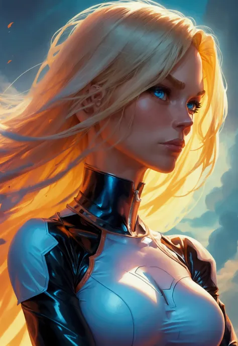 A superheroine with a long, voluminous and flowing blonde hair, blue colored eyes, athletic body with muscular legs, big boobies, crossed arms, with serious expression, wearing a tight white mandarin collar knit with long sleeves and partially open front z...