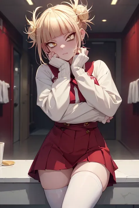 himiko toga, ,,(alone),himiko toga,(boku no hero academia),(short blonde hair with two messy pulps in her hair and yellow eyes w...