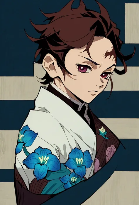 Kimetsu no yaiba style, masterpiece, solo, full-length, best quality, 0.8, 1guy, brown hair, haori with blue lilies, black blade, scar on left half face, Ubuyashiki garden in the background