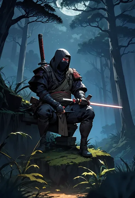  shinobi waiting on an branch of tree in a drak forest at night