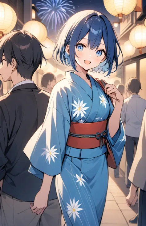 Blue hair, blue eyes, short hair, fireworks, yukata, boy