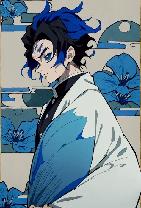 Kimetsu no yaiba style, masterpiece, solo, full-length, best quality, 0.8, 1guy, blue hair, haori with blue lilies, black blade, scar on left half face, Ubuyashiki garden in the background