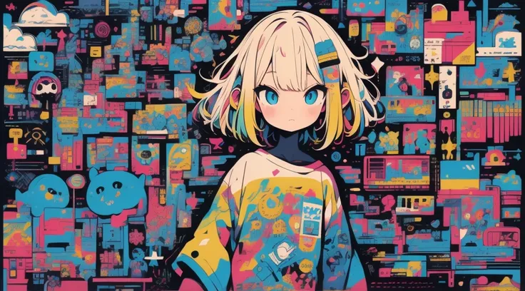 high quality、Colorful color palette、high resolution、pretty girl、 An unprecedented number of draws、Anime Style、Geometric background、Sticker Style、short hair、Blonde、Turquoise Eyes, Messy Hair, front, Hands posing, Until death, Bondage, Baggy clothes