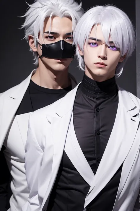 Male character with purple eyes, black mask, white hair and white shirt