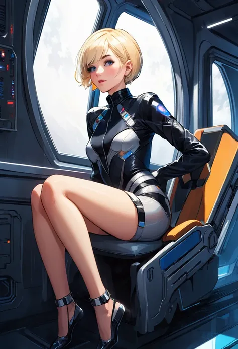 A blond young sexy woman with short hair and hot clothes sits on a seat in a spaceship and the window can show beautiful staras