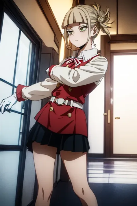 Himiko Toga, ,,(Alone),Himiko toga,(boku no hero academia),(short blonde hair with two messy pulps in her hair and yellow eyes with cat pupils),(Wearing),+,Wearing),+,(A female character dressed in a short red dress with a super short and sensual skirt, fi...