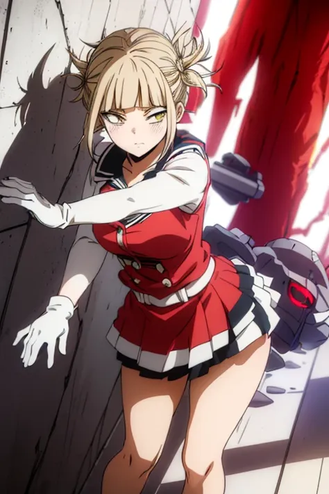 Himiko Toga, ,,(Alone),Himiko toga,(boku no hero academia),(short blonde hair with two messy pulps in her hair and yellow eyes with cat pupils),(Wearing),+,Wearing),+,(A female character dressed in a short red dress with a super short and sensual skirt, fi...