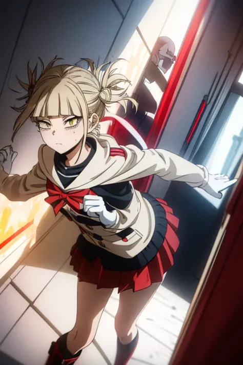 Himiko Toga, ,,(Alone),Himiko toga,(boku no hero academia),(short blonde hair with two messy pulps in her hair and yellow eyes with cat pupils),(Wearing),+,Wearing),+,(A female character dressed in a short red dress with a super short and sensual skirt, fi...