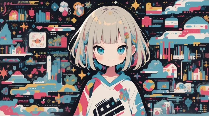 high quality、Colorful color palette、high resolution、pretty girl、 An unprecedented number of draws、Anime Style、Geometric background、Sticker Style、short hair、Blonde、Turquoise Eyes, Messy Hair, front, Hands posing, Until death, Bondage, Baggy clothes