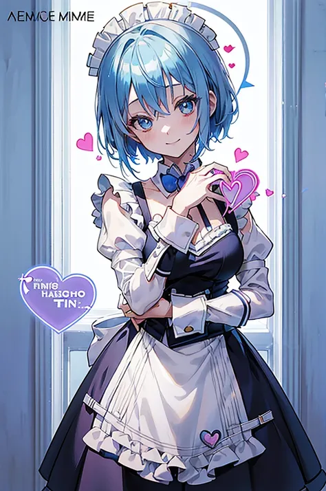 (1girl), blue hair, Maid Dress, (blue hair), ((solo)), (magazine:1.3), (cover-style:1.3), fashionable, spoken heart, heart_hands, light smile, looking at viewer, very aesthetic, absurdres, rating: general, newest, anime coloring, anime screencap, megami ma...