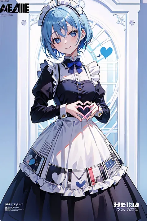 (1girl), blue hair, Maid Dress, (blue hair), ((solo)), (magazine:1.3), (cover-style:1.3), fashionable, spoken heart, heart_hands, light smile, looking at viewer, very aesthetic, absurdres, rating: general, newest, anime coloring, anime screencap, megami ma...