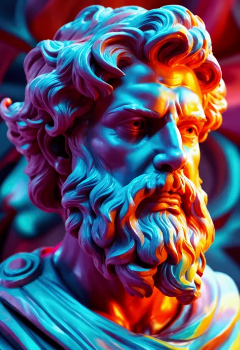 a closeup of a colorful statue of a man with a beard, realistic 8k bernini sculpture, cinematic bust portrait, zeus withdrawn, g...