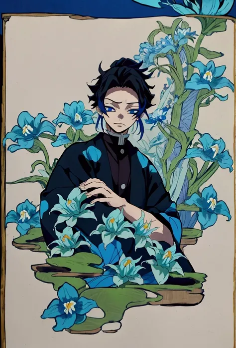 Kimetsu no yaiba style, masterpiece, solo, full-length, best quality, 0.8, 1guy, blue hair, haori with blue lilies, black blade, scar on left half face, Ubuyashiki garden in the background