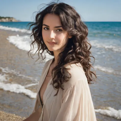 Brune, slightly curly hair, 比基尼, on the beach, sunny day, caucasienne 