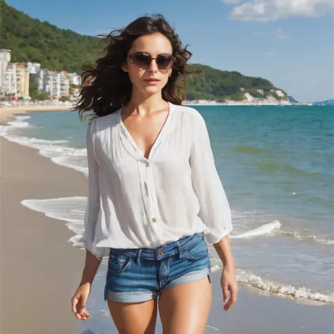 Brune, slightly curly hair, 比基尼, on the beach, sunny day, caucasienne 