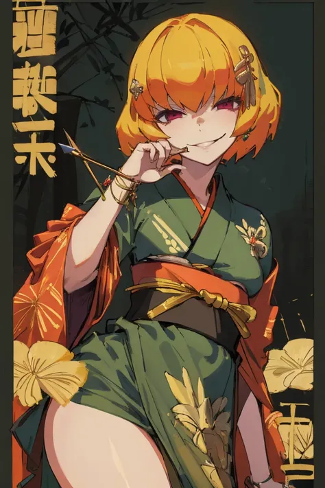 ((Highest quality)), ((masterpiece)), (be familiar with),Clementine,Overload,nsfw,kimono,Gorgeous green dress,Gold embroidery,hairpin,Captivating smile