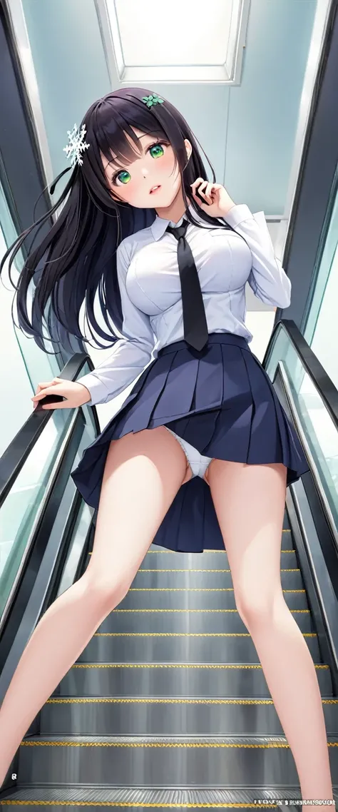 miyuki, One Girl, 一人in, length_hair, Naughty big、Big ample breasts、前hair, green_eye, black_hair, hair_Decorations have been removed, length_sleeve, School_uniform, hair_ribbon, dull_前hair, white_dress, Own_hand_together, black_tie, in_missile, Yuki, Snowfl...