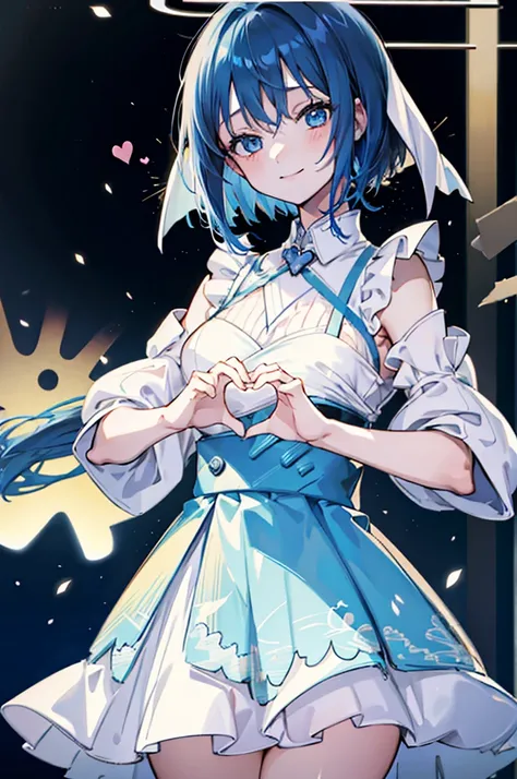 (1girl), blue hair, blue eyes, Maid Dress, (Messy Japanese Round Haircut for Thick Hair), (blue hair), ((solo)), (magazine:1.3), (cover-style:1.3), fashionable, spoken heart, heart hands, light smile, looking at viewer, very aesthetic, absurdres, rating: g...