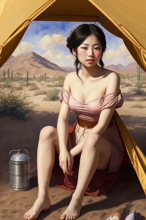 "An attractive young oriental princess at a tent in the desert" in the style of Jean-Baptiste Greuze, lush watercolor palette canvas/acrylic, intricate, extreme detail, complex key, ((single shot)), ((best quality)), ((masterpiece)), ((realistic)), 8k, imp...