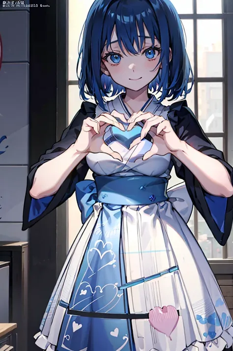 (1girl), blue hair, blue eyes, Maid Dress, (Messy Japanese Round Haircut for Thick Hair), (blue hair), ((solo)), (magazine:1.3), (cover-style:1.3), fashionable, spoken heart, heart hands, light smile, looking at viewer, very aesthetic, absurdres, rating: g...