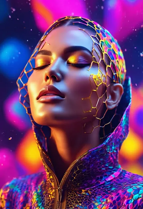 masterpiece,best quality,woman,closed eyes,  
 splashing,abstract,psychedelic,neon,(honeycomb pattern deepv v outfit),(creative:...