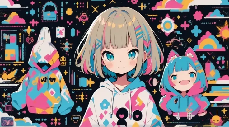 high quality、Colorful color palette、high resolution、pretty girl、 Pink hoodie、An unprecedented number of draws、Anime Style、Geometric background、Sticker Style、short hair、Blonde、Turquoise Eyes, Messy Hair, Pink hoodie、Cat ears of the same color as the hair、fr...