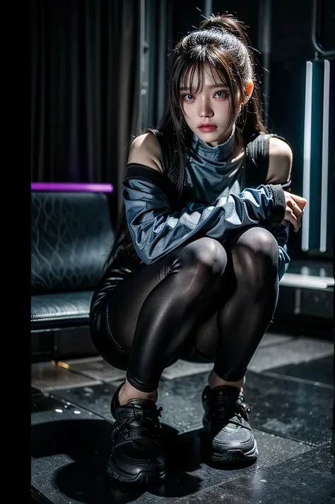 Sci-fi background、She is squatting and posing in the center.、Cyberpunk clothing、hair is silver、Eye color: blue、