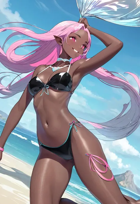 (pov Swimwear style) (beautiful body), (black skin, solo:2, 1000 yo, Braid pink hair long hair cool elf woman, cool gray eyes, ecstasy smile, love mode, small tits), (in a sexy:1.5 detailed bandeau swimsuit, Ruby double exposure:1.1), break, in the Swimsui...