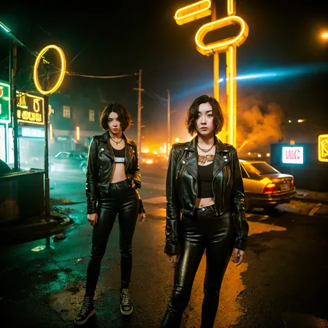 girl 21 years old, short shoulder-length hair, aeo hair color, wearing only a black leather jacket, black leggings, posing like a model, the surroundings are a dark pub, a cyberpunk 2077 style pub, a lot of neon lights, artificial smoke, poor lighting, pro...