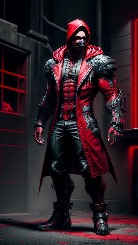 a man in a red jacket and black pants standing in a dark room, wearing cultist red robe, crimson attire, character from mortal kombat, as a character in tekken, fighting game character, cyberpunk assassin, red hooded mage, cyberpunk outfits, crimson clothe...