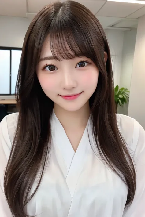 japanese、Highest quality, (beautiful)、Very delicate eyes、Brown eyes、22-year-old female、office、Date、Semi-long hair、hair ornaments、smile、cheeks are slightly plump、(((whole body)))、As if looking up from below