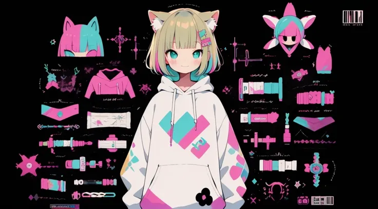  Pink hoodie、high quality、Colorful color palette、high resolution、pretty girl、 Pink hoodie、An unprecedented number of draws、Anime Style、Geometric background、Sticker Style、short hair、Blonde、Turquoise Eyes, Messy Hair, Pink hoodie、Cat ears of the same color a...