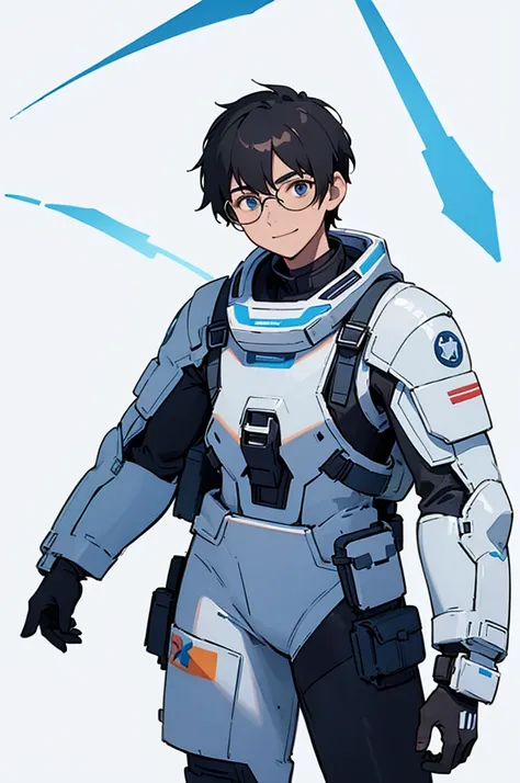 1,19 years old,university student,male,Black Hair,Light blue eyes,Short Hair,Spacesuit,Hero Pose,Standing posture,Glasses,（whole body）,White background,smile