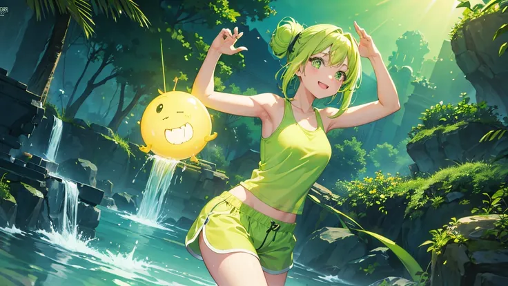 Bright green slime girl, Translucent body, Bright green hair, Tank top clothes, Shorts, Walking with skipping, In a fantasy town, half updo, smiley, bright pupils, anime style, UHD, masterpiece, accurate, anatomically correct, super detail, best quality, h...