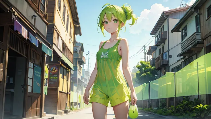 Bright green slime girl, Translucent body, Bright green hair, Tank top clothes, Shorts, Walking with skipping, In a fantasy town, half updo, smiley, bright pupils, anime style, UHD, masterpiece, accurate, anatomically correct, super detail, best quality, h...