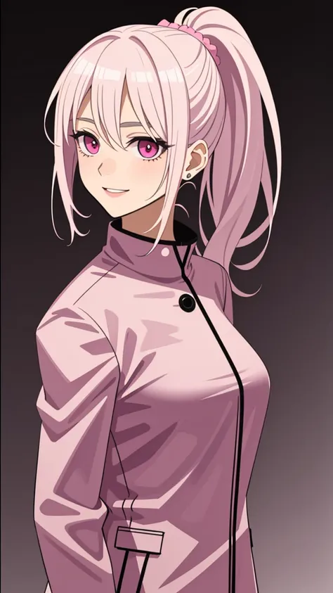 (((Adult woman))), ponytail blonde hair, (pink eyes), pink suit, smile