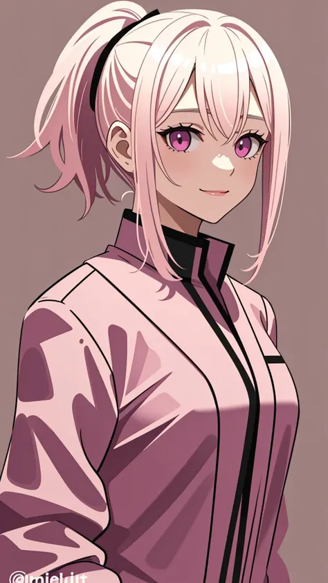 (((Adult woman))), ponytail blonde hair, (pink eyes), pink suit, smile